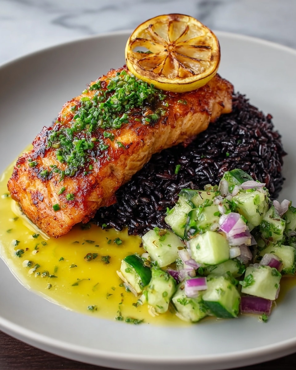 A dish with three main layers sits on a white plate over a white marbled surface: the bottom layer is shiny black rice arranged in a flat oval shape, next is a golden brown grilled salmon fillet topped with chopped green herbs. Two grilled lemon slices lean against the salmon at the back. To the right of the salmon is a fresh cucumber salad with chunks of light green cucumber, small pieces of purple onion, and sprinkled green herbs, all mixed lightly with dressing. A pool of yellow sauce spreads around the rice at the front edge. Photo taken with an iphone --ar 4:5 --v 7