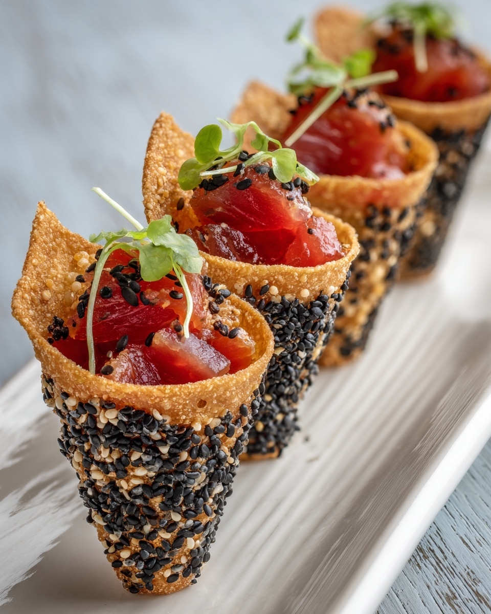 The image shows four small, cone-shaped crispy shells coated with white and black sesame seeds, each filled with pieces of shiny, red raw fish. On top of the fish there are small green leaves, adding a fresh touch. The cones are placed in a neat row on a white plate with a soft texture that looks like aged wood. The contrast between the bright red of the fish, the golden-brown of the crispy shells, and the black and white sesame seeds makes the dish look rich and tasty. photo taken with an iphone --ar 4:5 --v 7