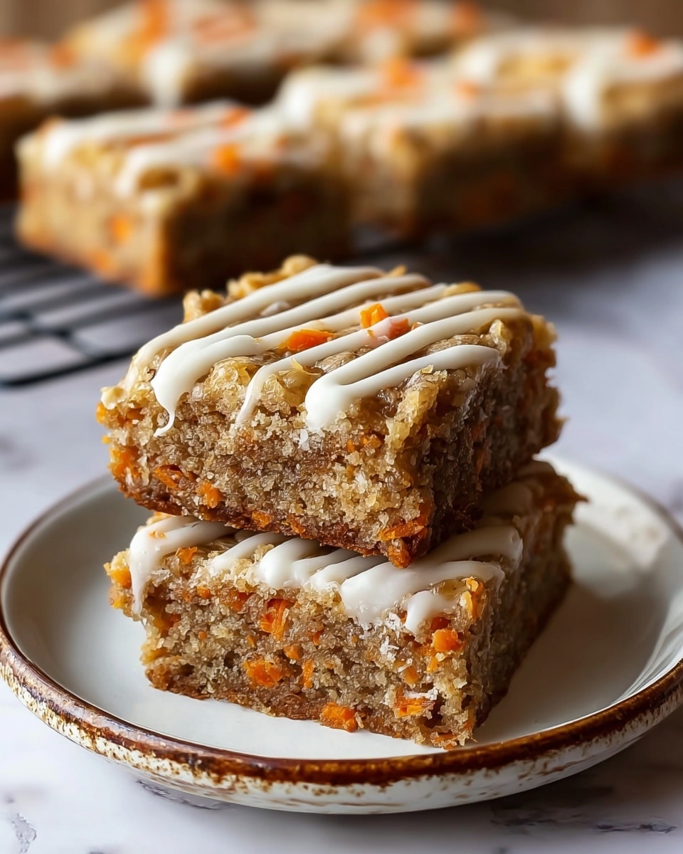 The image shows two square dessert bars stacked on a white plate with a slightly worn brown rim, placed on a white marbled surface. Each bar has two visible layers: the bottom layer is a dense mixture with small orange carrot pieces, showing a grainy texture with a light brown color, while the top layer is a crispy, crunchy-looking topping with a golden brown and slightly rough texture, also containing small orange bits. The top bar is decorated with three smooth, white icing lines running diagonally across its surface. In the blurred background, more similar bars are visible on a cooling rack, enhancing the homemade feel. photo taken with an iphone --ar 4:5 --v 7
