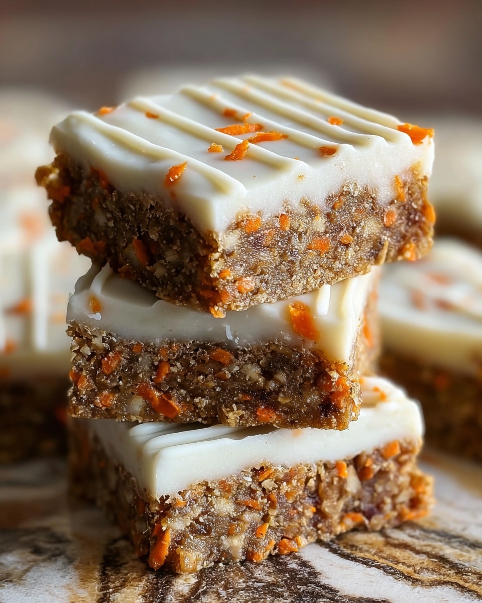 A close-up image shows three stacked square dessert bars with three visible layers. The bottom layer is a dense, coarse-textured brown base mixed with shredded orange pieces, likely carrot. The middle layer is a smooth, creamy white frosting spread evenly over the base. The top layer is another thinner layer of brown mixed with orange bits, covered by white icing drizzled in parallel lines across the top. The stack is placed on a surface with a brown and beige marbled pattern blurred in the background. photo taken with an iphone --ar 4:5 --v 7