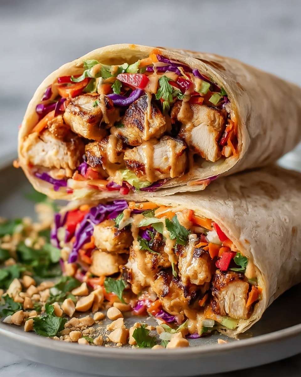 A close-up view of a burrito cut in half on a white plate, showing three main layers: the outer soft, light tan tortilla wrap, the middle layer of grilled, golden brown chicken pieces with a slightly charred texture, and the inner layer filled with vibrant fresh vegetables including shredded purple cabbage, bright red bell peppers, orange carrot strips, and green herbs. There is a creamy, light brown sauce drizzled over the chicken, some crushed peanuts scattered inside and on the plate, and fresh green cilantro on top, all set against a white marbled surface. Photo taken with an iphone --ar 4:5 --v 7