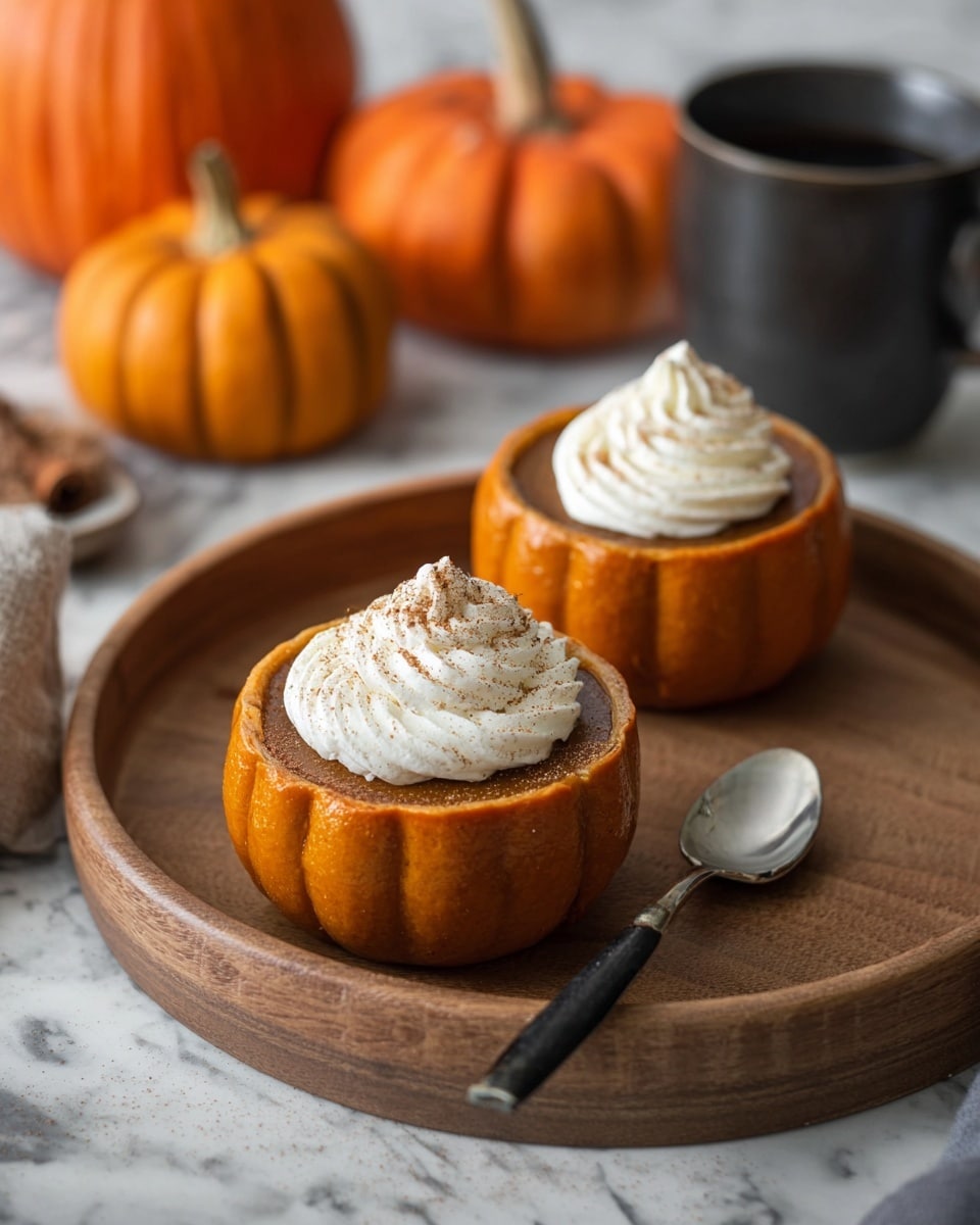 Two small pumpkin-shaped desserts sit on a round wooden tray, each with a smooth orange outer layer mimicking a pumpkin shell. Inside, there is a filling of rich brown pumpkin pie, topped with a swirl of creamy white whipped cream dusted with a light sprinkle of cinnamon. A silver spoon with a black handle lies on the tray in front of the desserts. In the background, two whole pumpkins and a dark cup add to the autumn feel, all placed on a white marbled surface. photo taken with an iphone --ar 4:5 --v 7
