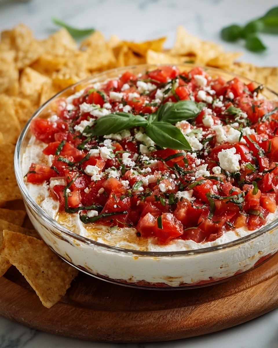 A round glass dish filled with three visible layers begins with a smooth, thick white creamy base spread evenly on the bottom, topped by a generous layer of bright red diced tomatoes mixed with finely chopped green herbs. Scattered over the tomato layer are small white crumbly cheese pieces, adding texture, with a few whole fresh green basil leaves placed on top as garnish. The dish sits on a wooden round board with pieces of chips around it, all set against a white marbled surface. photo taken with an iphone --ar 4:5 --v 7
