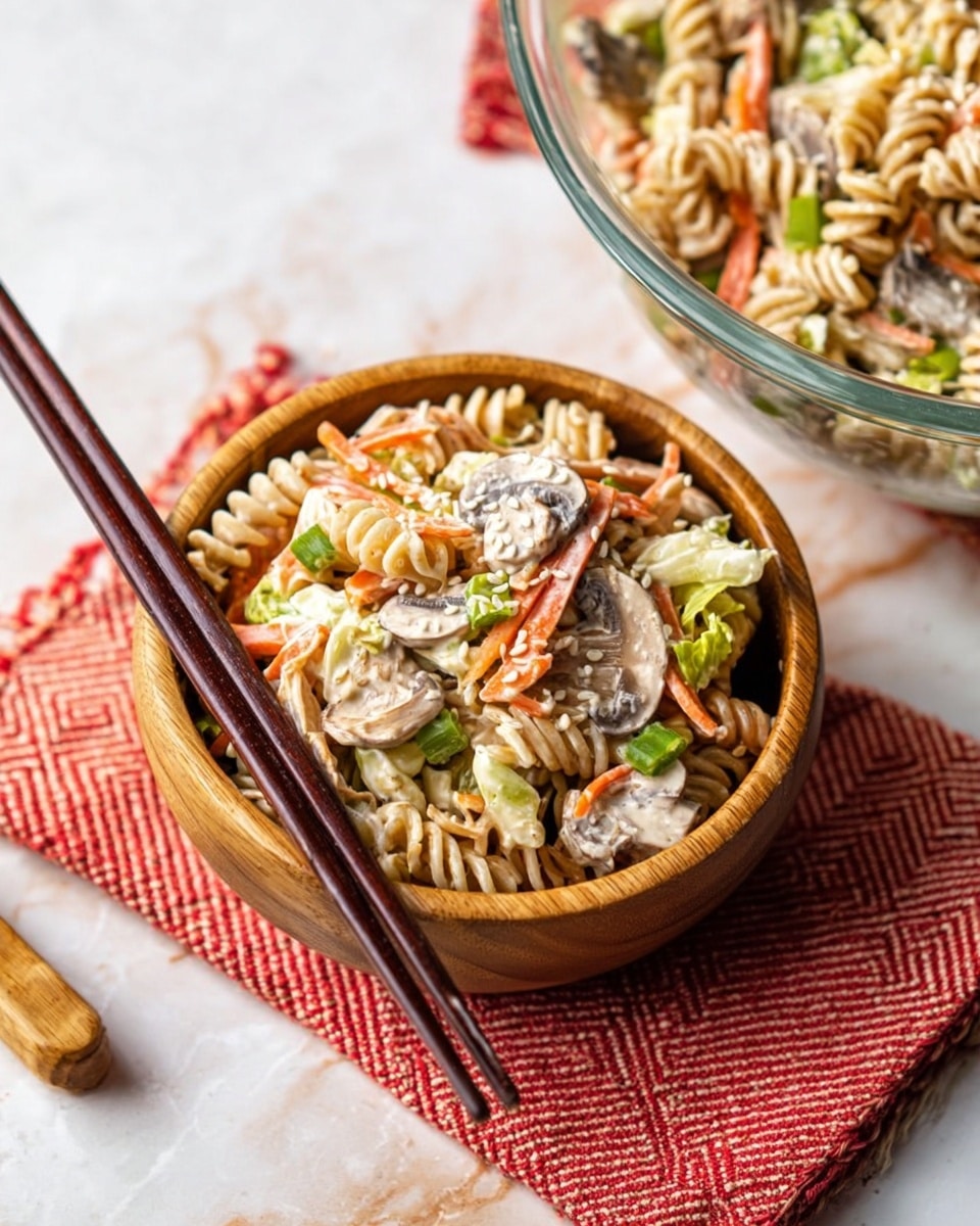 A wooden bowl filled with a mixed pasta salad showing two main layers: the bottom layer is made of spiral pasta in beige tones, while the top layer includes sliced light beige mushrooms, thin strips of orange carrot, green scallion rings, and some leafy green lettuce pieces. The salad is mixed with a creamy dressing that coats the ingredients lightly, and white sesame seeds are sprinkled on top. The bowl rests on a red and white woven cloth, with a pair of dark brown chopsticks placed diagonally across the bowl. Part of a larger clear glass bowl with the same salad sits to the right on a white marbled surface photo taken with an iphone --ar 4:5 --v 7