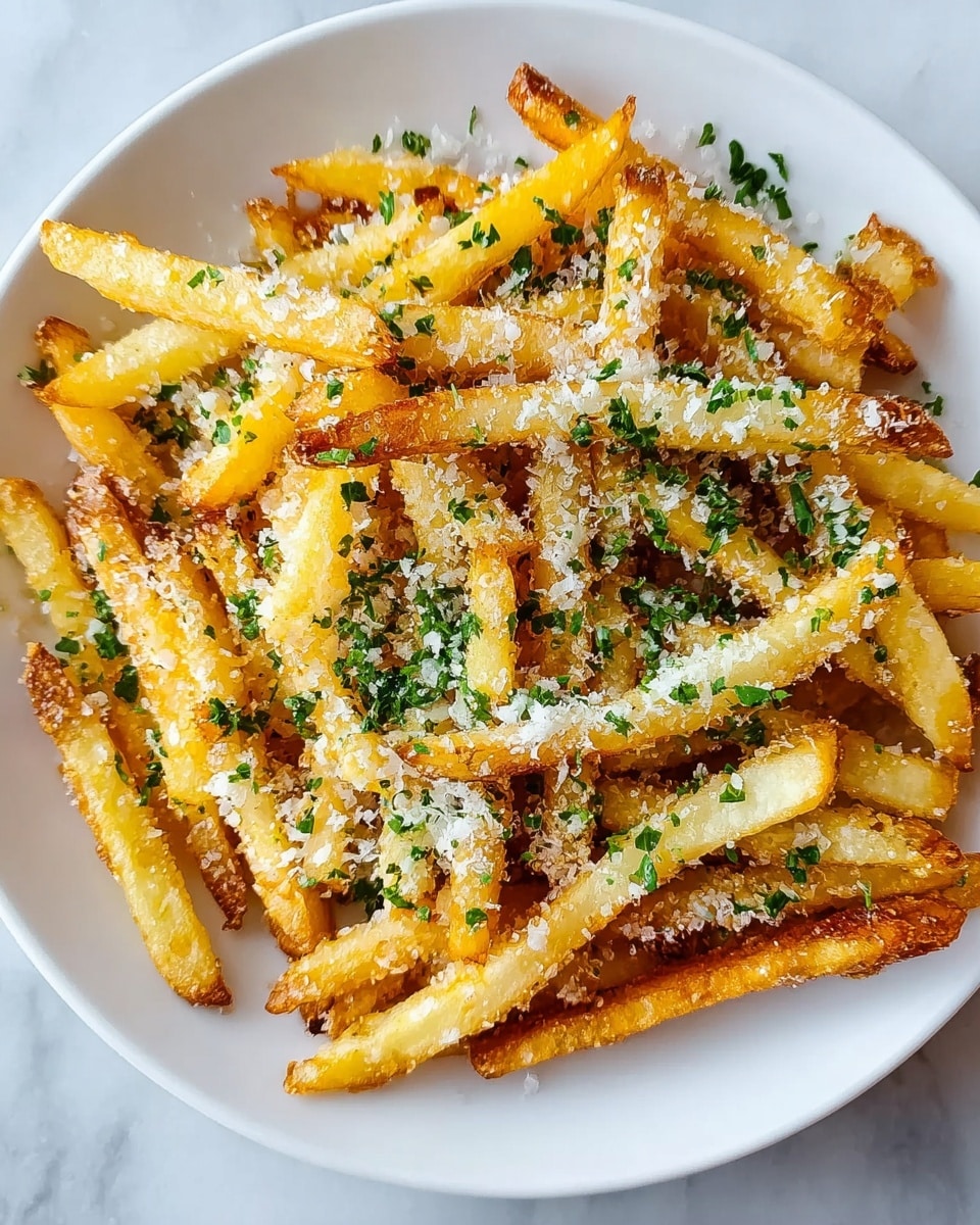 A white plate filled with golden-brown French fries that are crispy on the edges and soft inside, topped with sprinkled white grated cheese and small pieces of green chopped herbs, all resting on a white marbled surface. photo taken with an iphone --ar 4:5 --v 7