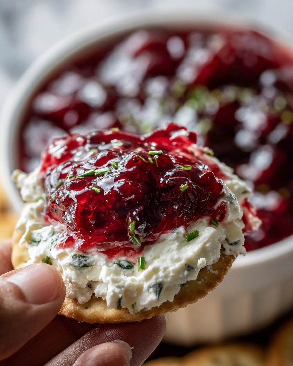A close-up view shows a white round cracker held by a woman's hand, topped with two thick layers: the bottom layer is a creamy white cheese mixed with small green herbs, looking soft and spreadable, and the top layer is a shiny, deep red berry jam that looks slightly chunky and glossy. In the blurry background, there is a white bowl filled almost to the top with the same red jam, dotted with small green herbs on its surface. The whole scene is set on a white marbled texture. photo taken with an iphone --ar 4:5 --v 7