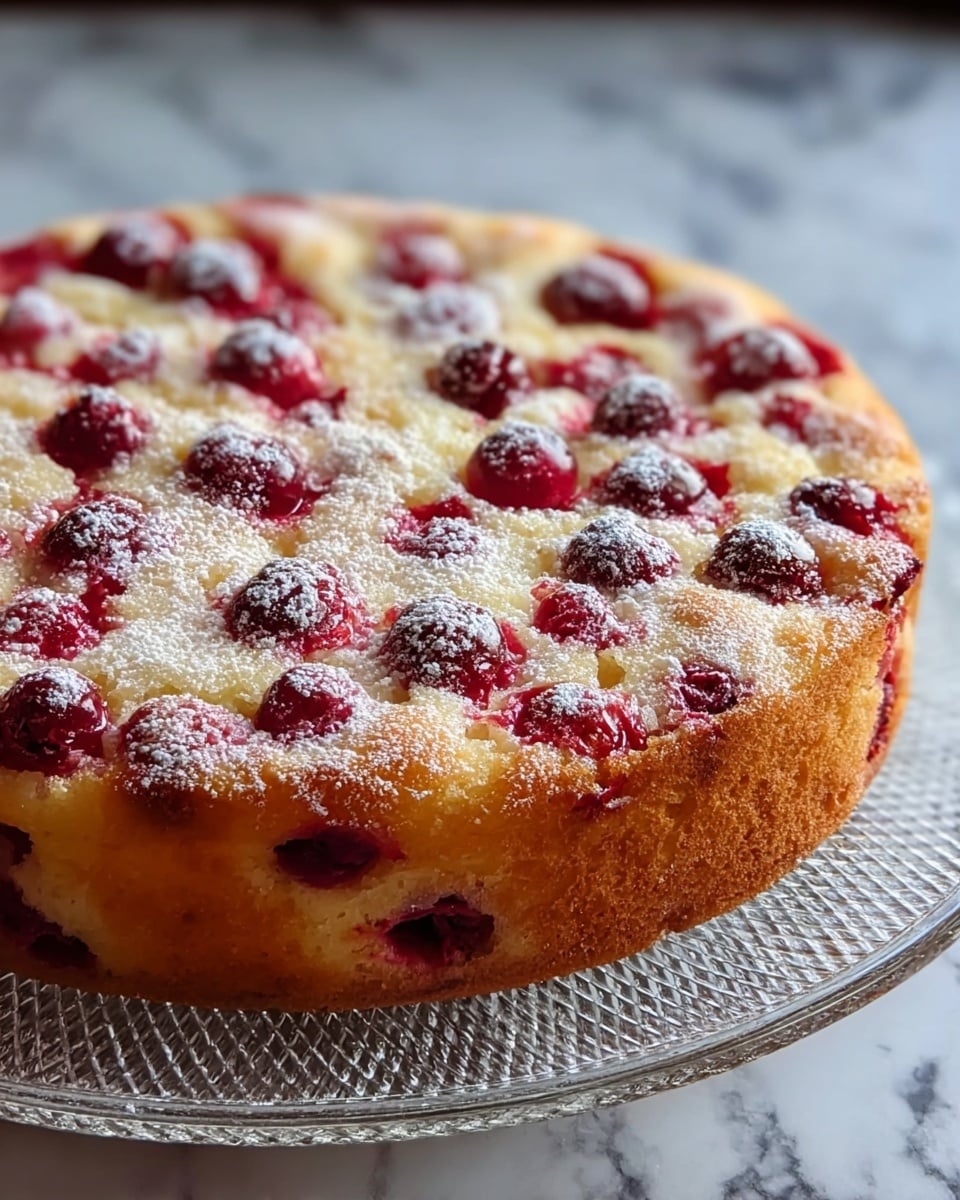 A close-up image of a single-layer golden-brown cake with a soft, crumbly texture, topped with whole dark red cherries that are slightly sunken into the surface, creating small glossy pools of juice. The cake appears dense yet moist, with the cherries evenly scattered throughout the top and embedded just beneath the surface, showing vibrant red spots. The dessert is in a clear glass dish against a white marbled background. photo taken with an iphone --ar 4:5 --v 7