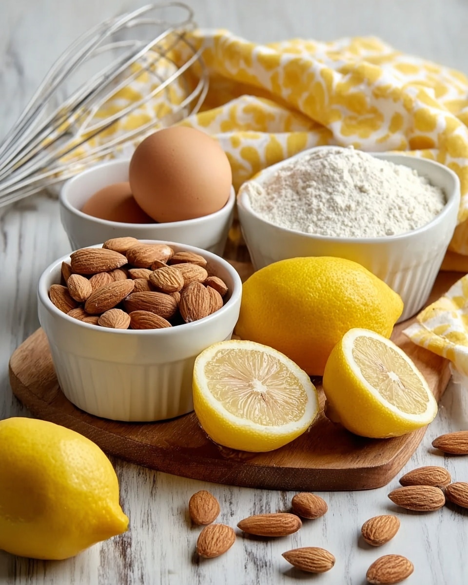 A wooden board holds three main white bowls arranged close together: one filled with whole almonds, another with three brown eggs, and the third with white flour. In front of the bowls are three bright yellow whole lemons and two halves of a lemon showing the detailed pulp inside. Scattered almonds lie around the board along with a lemon wedge on the white marbled surface. In the background, a yellow and white patterned napkin and a metal whisk rest gently, adding a soft touch to the scene. Photo taken with an iphone --ar 4:5 --v 7