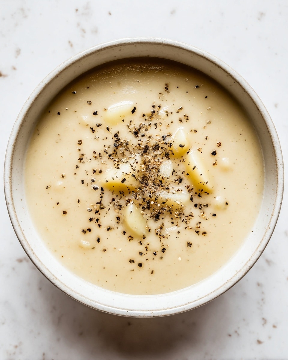 A white bowl filled with a creamy, light beige soup that has small, soft potato chunks visible beneath the smooth surface. The soup is topped with a light scattering of coarse black pepper pieces, which add contrast to the pale, velvety texture of the soup. The bowl rests on a white marbled surface, with gentle natural light highlighting the glossy texture of the soup and the clean, simple ceramic bowl edges. photo taken with an iphone --ar 4:5 --v 7