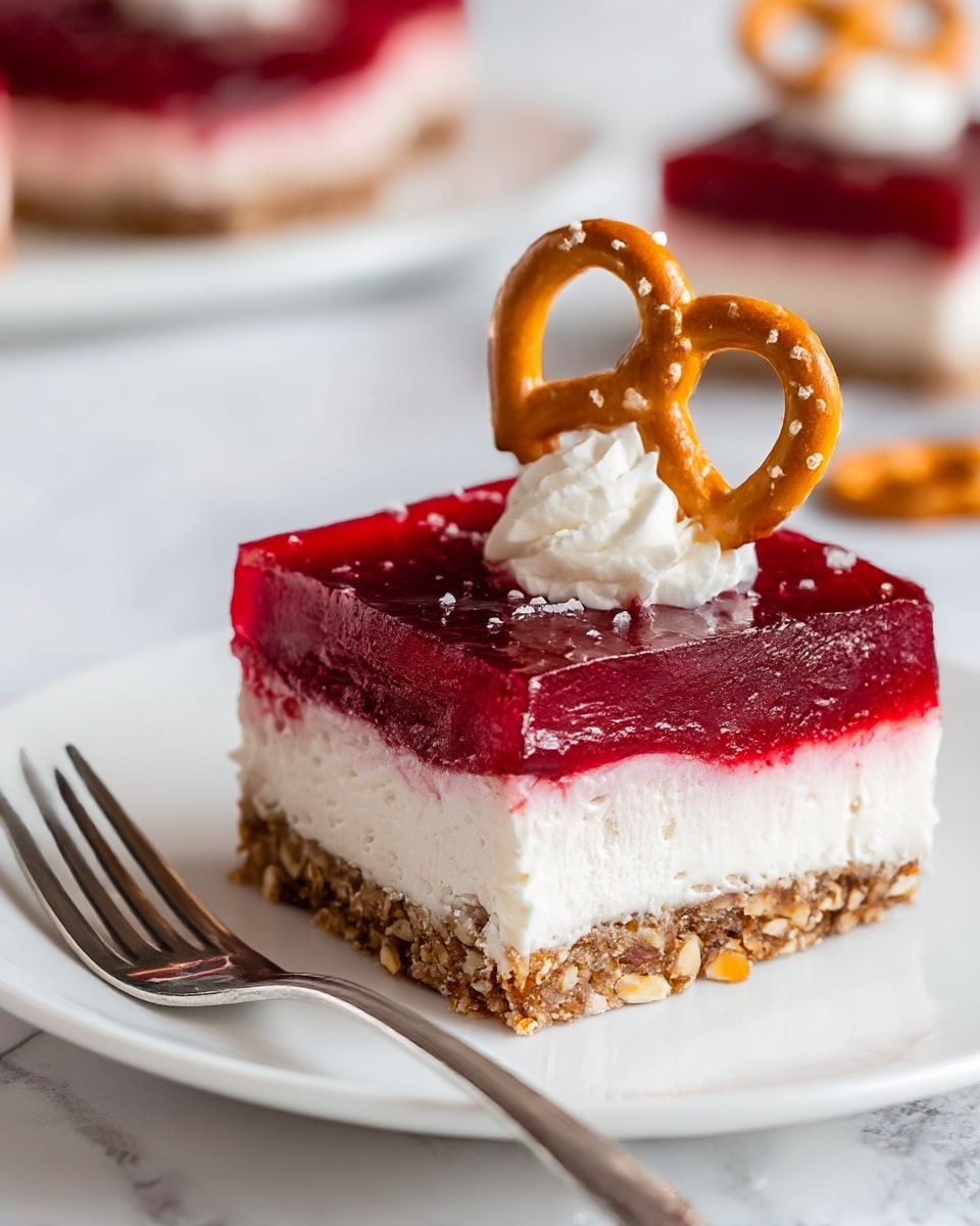 A square dessert slice with three clear layers sits on a white plate with a silver fork on its left side; the bottom layer is a brown, crumbly crust with visible oats and nuts, the middle layer is thick and creamy white with a smooth texture that appears slightly fluffy, and the top layer is a glossy, deep red jelly with a slightly textured surface. A dollop of white cream is placed on top near the back right corner, crowned by a golden brown pretzel with light salt speckles; another pretzel leans gently against the slice on the front right side. In the background, a similar white plate with the same dessert is partially visible on a white marbled surface. Photo taken with an iphone --ar 4:5 --v 7