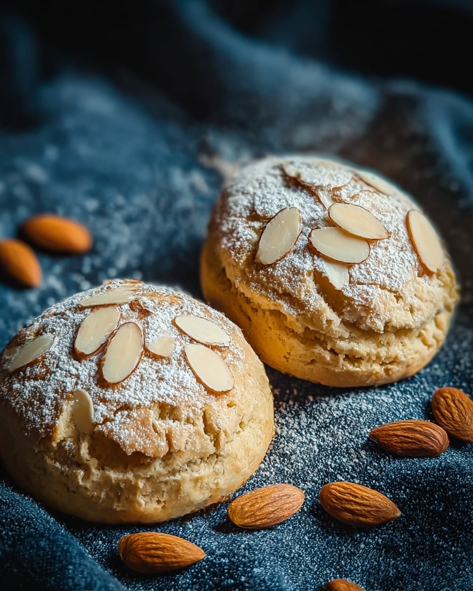 Two round, golden-brown scones sit on a dark blue textured cloth, each topped with thin, pale almond slices and a light dusting of white powdered sugar. The scones have a crumbly, soft texture with visible cracks on their surface. Scattered around the scones are whole almonds, adding a natural and rustic touch. The background is softly blurred, focusing attention on the scones and the cozy fabric beneath them. photo taken with an iphone --ar 4:5 --v 7