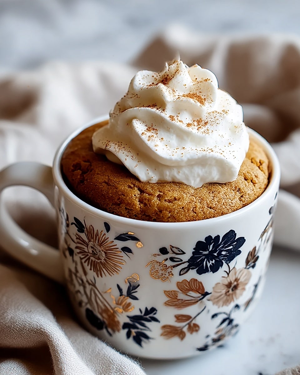 A close-up of a cup with a patterned brown design filled with a light brown, fluffy baked dessert that rises slightly above the cup's rim. On top is a swirl of white whipped cream sprinkled with a light dusting of brown cinnamon powder. The cup sits on a white marbled textured surface with warm natural light casting soft shadows. photo taken with an iphone --ar 4:5 --v 7