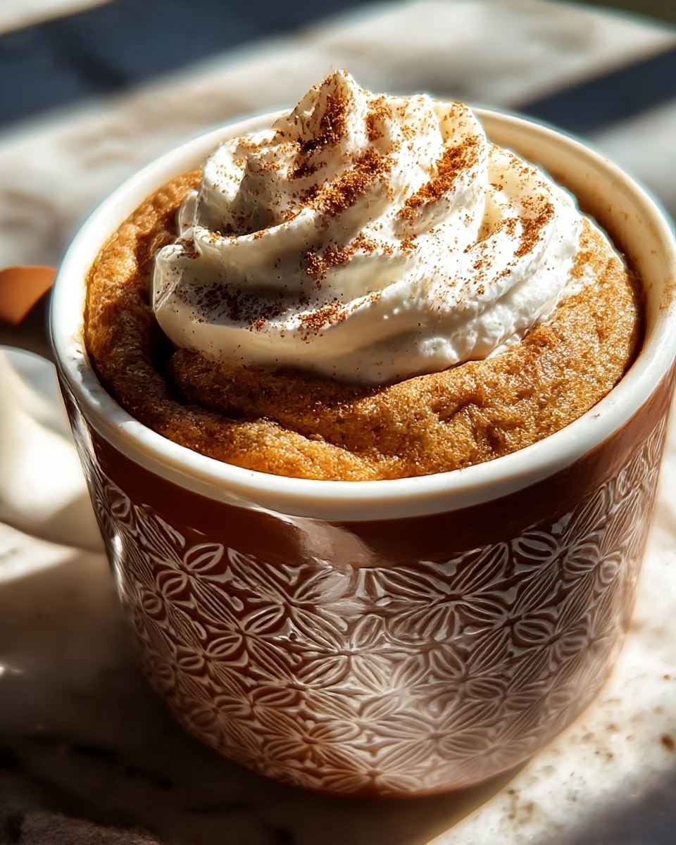 A white cup with dark blue and light brown floral patterns holds a warm, textured golden-brown mug cake that fills the cup nearly to the top. On top, there is a fluffy, smooth white whipped cream swirl sprinkled lightly with a fine dusting of cinnamon powder. The cup sits on a soft, beige cloth placed on a white marbled surface, blending gently into the soft-focus background. photo taken with an iphone --ar 4:5 --v 7