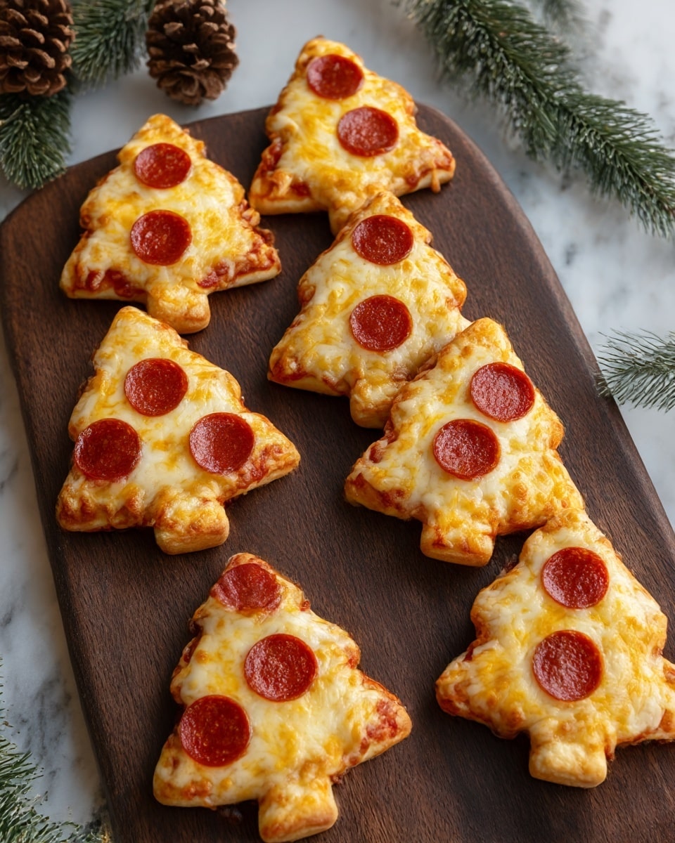 Seven small pizzas shaped like Christmas trees are placed on a dark wooden board. Each pizza has a light golden-brown crust with a thick, bubbly layer of melted yellow and white cheese covering most of the surface. There are two round pepperoni slices on each pizza, positioned near the top center, adding a red color contrast. The bottom of each tree-shaped pizza has a short crust piece resembling a tree trunk. The board is set on a white marbled texture, with some pine cones and green pine branches visible around it, giving a festive feel. photo taken with an iphone --ar 4:5 --v 7