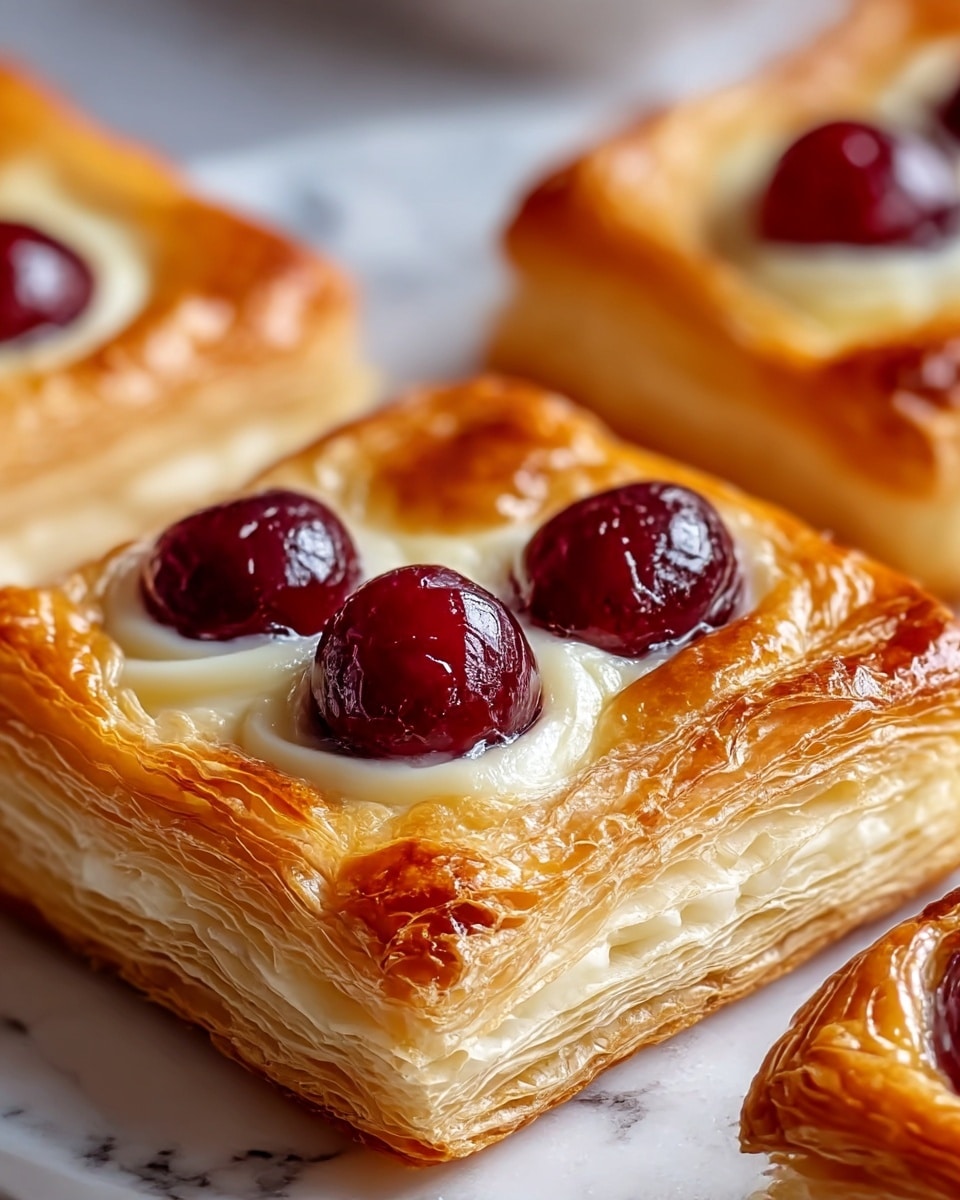 The image shows a close-up of a square-shaped pastry with three visible layers; the bottom layer is a golden, flaky crust with many thin, crisp layers, the middle layer is a creamy white filling that looks soft and smooth, and the top layer has three glossy, dark red cherries sitting in small indentations. Each cherry has a shiny, slightly translucent surface that catches the light. The edges of the pastry are golden brown with a slightly crisp texture. The pastries are placed on a white marbled surface, with other similar pastries slightly blurred in the background, focusing on the front piece. photo taken with an iphone --ar 4:5 --v 7