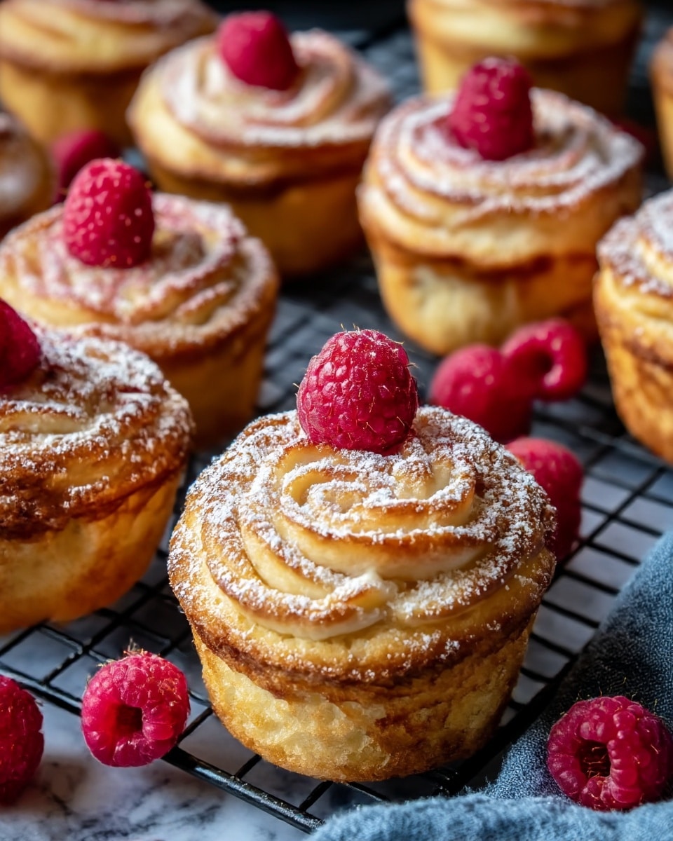 The image shows several golden-brown rose-shaped pastries arranged closely on a black cooling rack over a white marbled surface. Each pastry has thin, layered swirls with a glossy texture from a light glaze, dusted with powdered sugar, giving a soft white contrast on the golden layers. The top of each pastry is adorned with one or two bright red raspberries, adding a fresh and vibrant pop of color. Loose raspberries are scattered casually around the pastries, and a soft gray cloth is partially visible at the corner. The whole scene is warm and inviting, focusing on the detailed textures and colors of the pastries. photo taken with an iphone --ar 4:5 --v 7