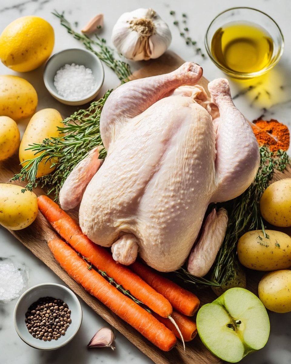 A whole raw chicken with pale pink skin and visible texture is placed on a wooden board, surrounded by fresh herbs like deep green rosemary and thyme. Around the chicken, there are layers of raw yellow potatoes, bright orange carrots, a halved lemon showing its light yellow inner flesh, whole garlic bulbs and separated garlic cloves, and a halved green apple. Small white and gray bowls hold coarse salt, dark peppercorns, and orange-red paprika powder. A clear glass bowl filled with golden olive oil is also on the board. All of this rests on a white marbled surface. Photo taken with an iphone --ar 4:5 --v 7