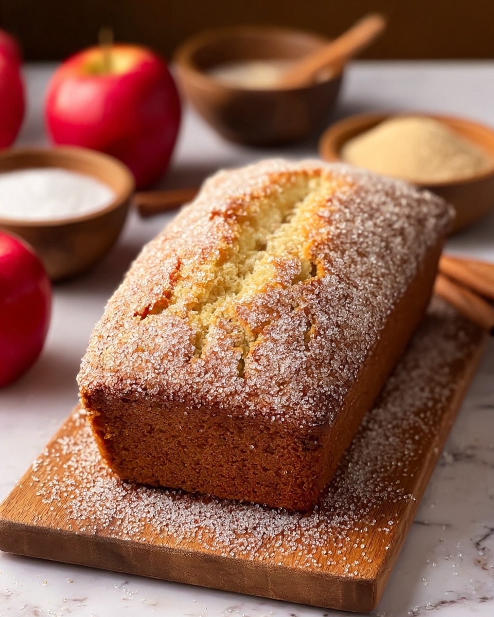 The image shows a whole loaf of golden brown bread with a rough sugar crust on top, placed on a wooden cutting board. The loaf has a slightly cracked top with large sugar crystals glittering in the light, and the bread texture looks soft with some tiny air holes inside. Around the cutting board, there are scattered sugar granules. In the background, two red apples, a cinnamon stick, and a small dish of butter are softly blurred, creating a warm, cozy atmosphere. The surface is a white marbled texture. Photo taken with an iphone --ar 4:5 --v 7