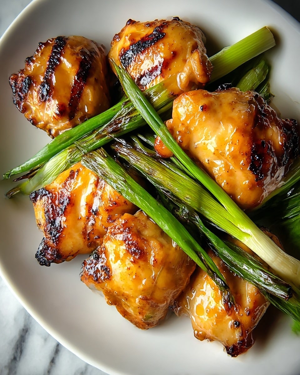 The dish shows grilled chicken pieces arranged in a white bowl, with each piece golden brown and marked with charred grill lines, giving a crispy texture on the outside. The chicken pieces sit on and are mixed with fresh green stalks of grilled green onions, which add a bright contrast of color with their vibrant green and slightly charred tips. The glossy glaze on the chicken adds a shine, suggesting a tasty marinade or sauce. The bowl sits on a white marbled surface. photo taken with an iphone --ar 4:5 --v 7