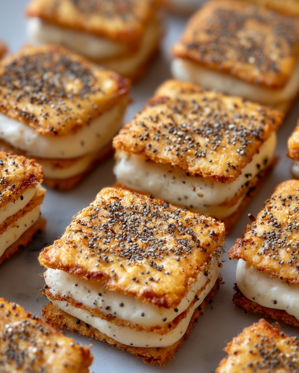 A stack of small round sandwiches sits on a white plate with a white marbled texture under it. Each sandwich has three main layers: a golden-brown crispy round top and bottom layer sprinkled with dried herbs, and in between, a layer of melted white cheese and a thin slice of pink ham. One sandwich on top shows a bite taken out, revealing the gooey melted cheese inside. More sandwiches, mostly whole and some partially in view, surround the main stack, all sharing the same crispy texture and herb garnish on their golden rounds. The image is close-up, showing the crunchy texture and creamy melted cheese clearly. photo taken with an iphone --ar 4:5 --v 7