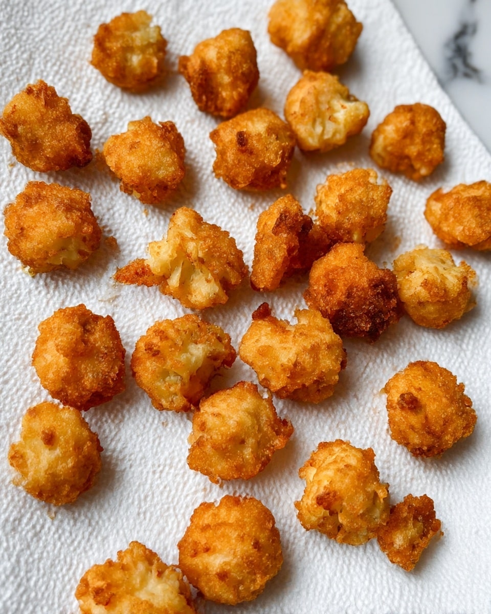 Small, round pieces of fried cauliflower are scattered on white paper towels. Each piece is golden brown with a crispy texture, showing a crunchy coating on the outside. The pieces vary slightly in size but are mostly uniform, with some darker spots indicating a well-cooked surface. The paper towel underneath absorbs excess oil, with a soft texture and visible circular patterns. The background has a white marbled texture. photo taken with an iphone --ar 4:5 --v 7