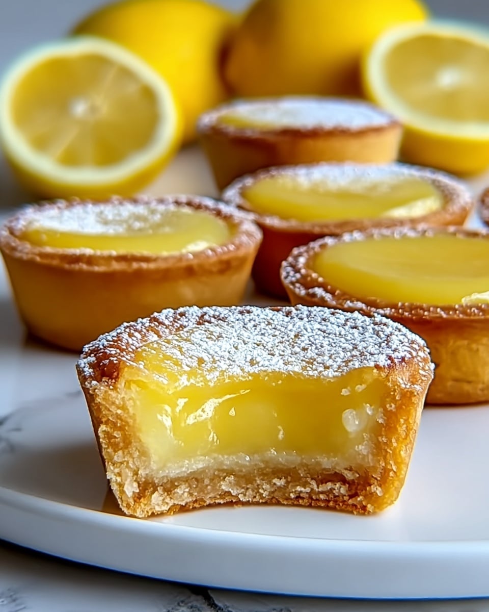The image shows several small tartlets placed on a white plate with a white marbled background. Each tartlet has a golden-brown baked crust and is filled with a smooth, bright yellow lemon curd filling. The tartlets are topped with a light dusting of powdered sugar. The tartlet in the front is cut in half, revealing two layers inside: a firm, crumbly crust at the bottom and a thick, glossy lemon filling on top. In the background, there are whole and sliced lemons placed softly out of focus. The overall look is fresh and bright. Photo taken with an iphone --ar 4:5 --v 7