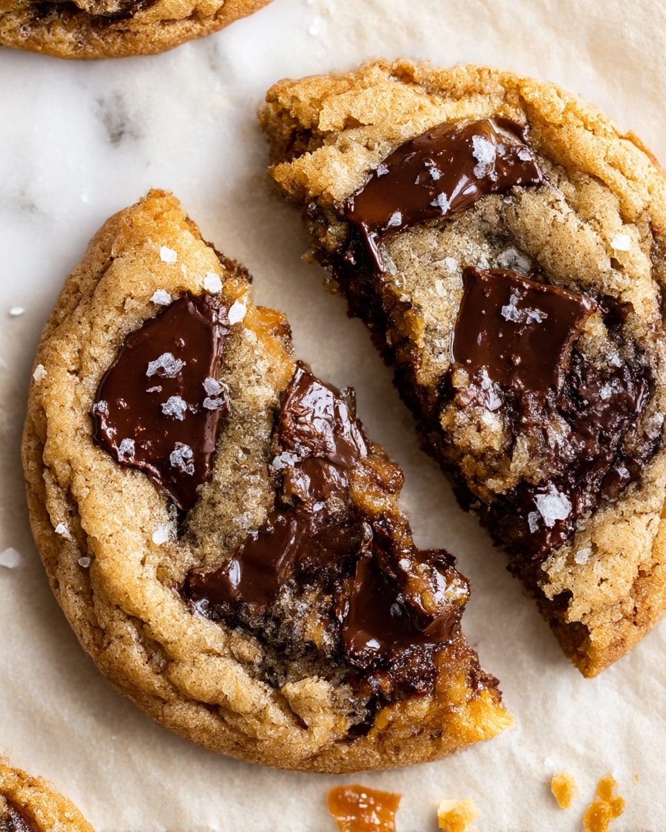A close-up of a single thick cookie broken in half, showing three main layers: the top golden brown crispy layer with visible coarse salt flakes, a middle layer of melted dark chocolate chunks with a glossy texture evenly spread, and a soft doughy base layer with a slightly crumbly texture and darker edges. The cookie rests on light-colored parchment paper with small crumbs scattered around. The background is a white marbled texture. Photo taken with an iphone --ar 4:5 --v 7