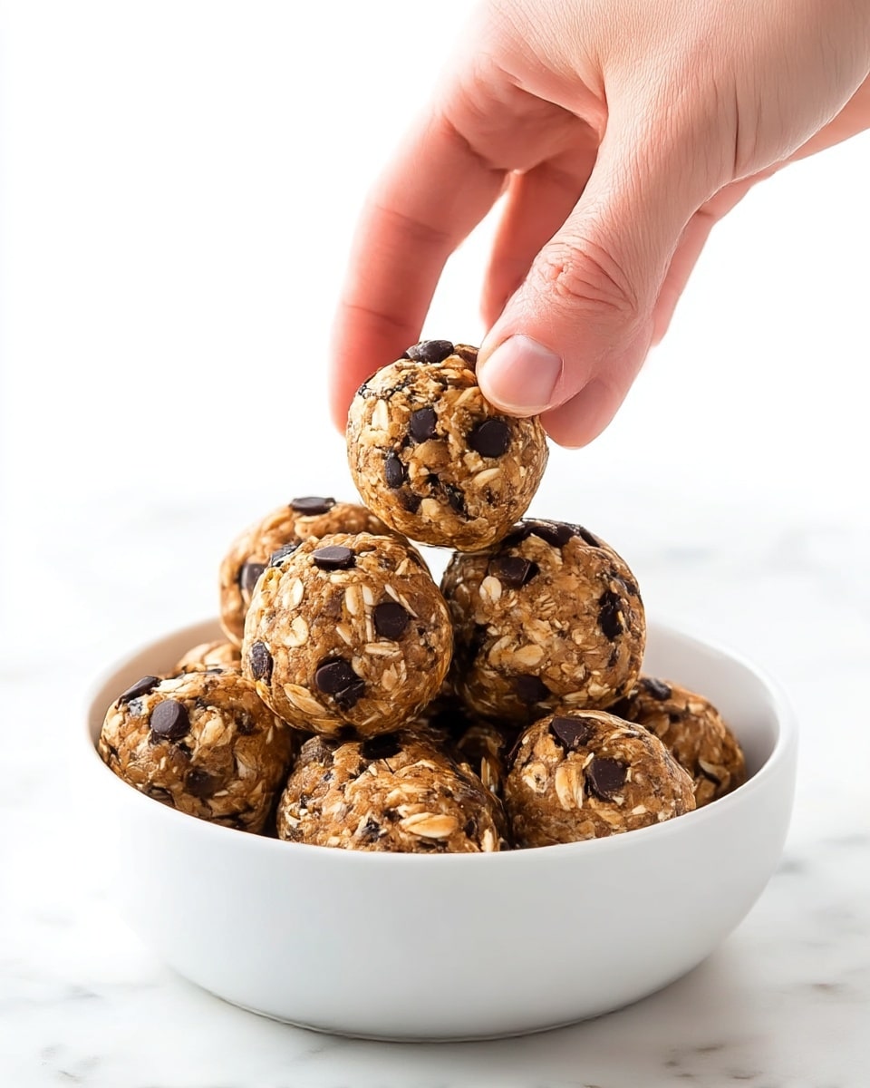A white bowl filled with round oat and chocolate chip energy balls, each ball showing visible oats and dark chocolate chips mixed into a light brown dough. The balls are stacked inside the bowl, with some resting on top of others, creating a layered effect of about two to three layers. A woman's hand is gently picking up one ball from the top, showing fingers against the textured surface of the energy ball. The background is a clean white marbled texture. photo taken with an iphone --ar 4:5 --v 7