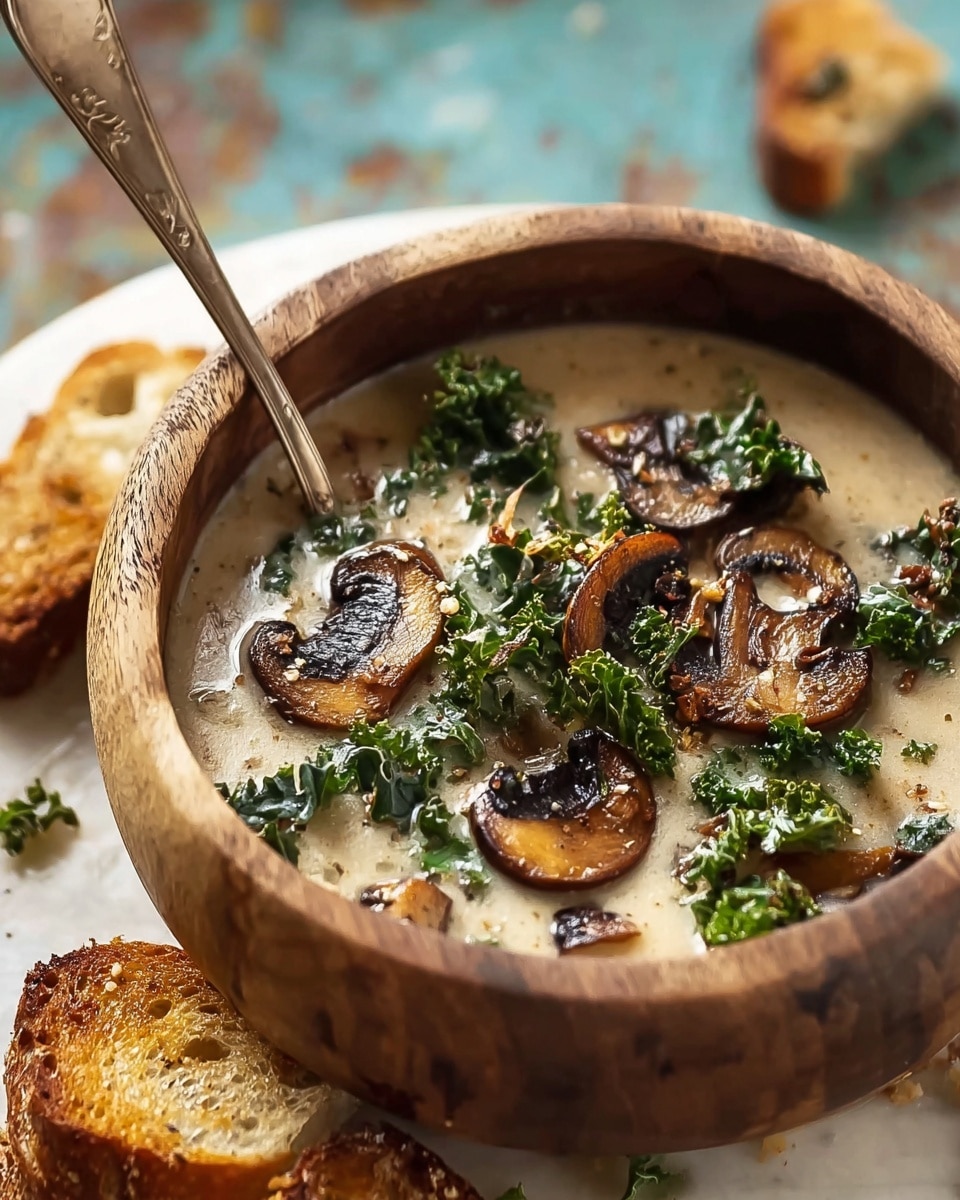 A wooden bowl filled with creamy light beige soup topped with dark brown grilled mushroom slices and dark green kale leaves scattered on the surface. There is a silver spoon resting inside the bowl on the left side, partially submerged in the soup. Around the bowl, there are pieces of toasted bread with a golden brown crust placed on a white marbled surface. The background has a softly blurred blue and brown texture, giving a cozy rustic feel. photo taken with an iphone --ar 4:5 --v 7