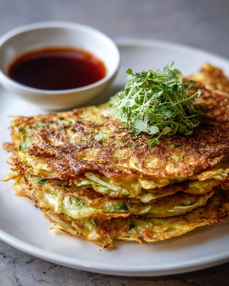 A stack of three golden brown pancakes with crispy edges sits on a white plate, showing green herb pieces and light cabbage shreds inside the layers, each pancake slightly curled with a textured, uneven surface. On top of the stack is a small bunch of fresh green herbs. At the back left on the plate, a white bowl filled with dark red dipping sauce is placed. The plate is set on a white marbled textured surface. Photo taken with an iphone --ar 4:5 --v 7