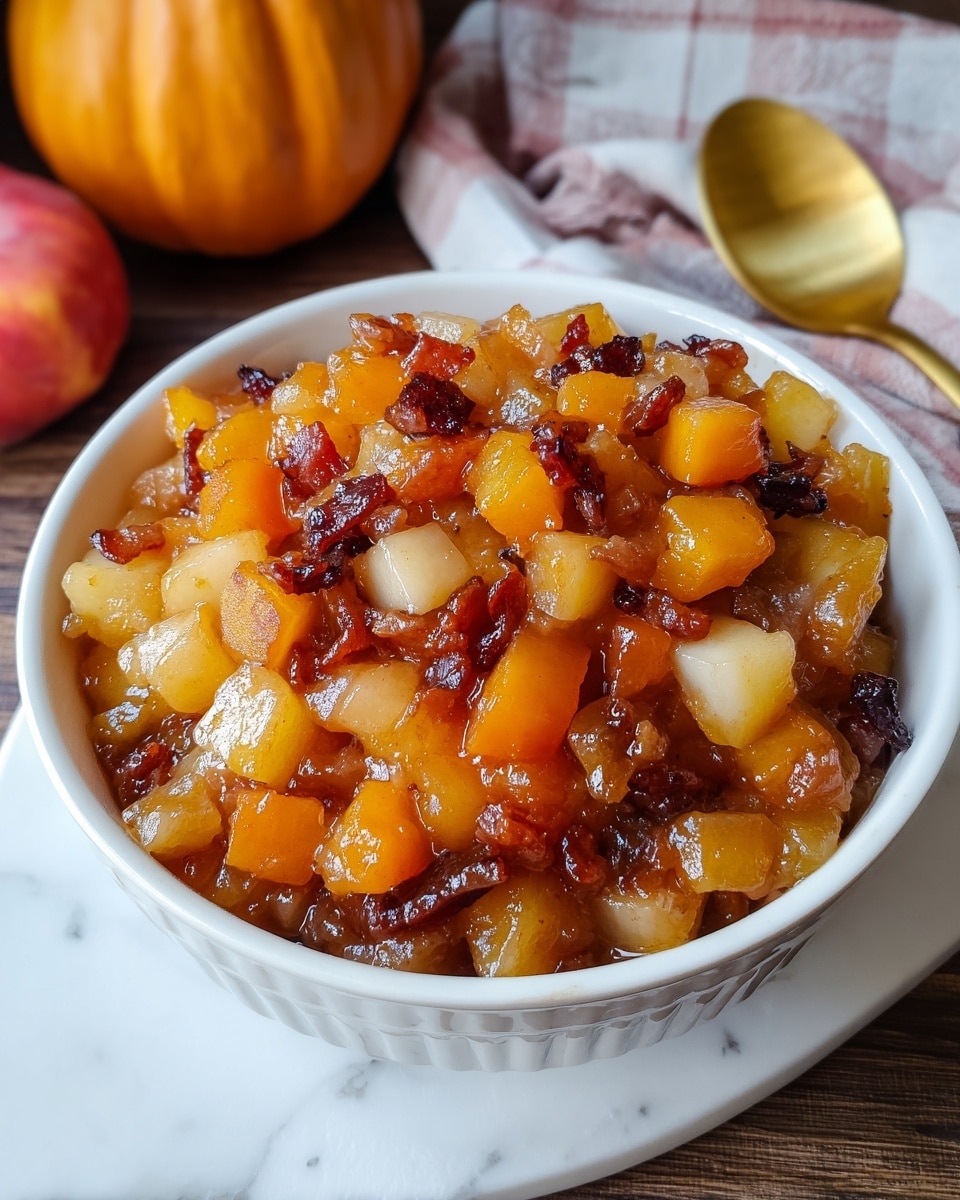 A close-up of a white scalloped bowl filled with a chunky mixture of cooked diced fruits and vegetables, mainly orange and yellow pieces with some caramelized dark brown bits scattered throughout, giving a shiny, sticky texture. The mix looks soft and thick, with visible small cubes of sweet potato or pumpkin and lighter chunks of apple or pear, coated in a syrupy glaze. The bowl sits on a rustic wooden surface with a glimpse of a white marbled texture nearby, and part of an apple and a red checkered cloth are visible in the background. Photo taken with an iphone --ar 4:5 --v 7