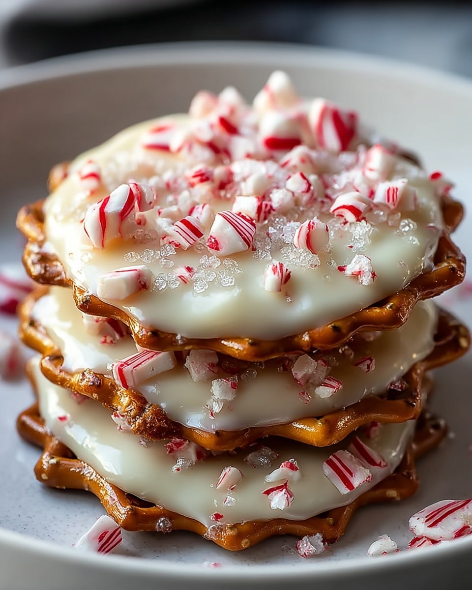 A stack of three round pretzel crackers sits on a white plate with a white marbled texture underneath. Each pretzel cracker is golden brown with a slightly shiny, crispy edge. On top of each cracker is a thick layer of smooth white chocolate, glossy and creamy in texture, covering most of the cracker surface. Scattered unevenly over the white chocolate are small chunks of crushed peppermint candy, white with bright red stripes, adding a festive, textured look. Granules of sugar sparkle lightly among the peppermint pieces, adding a touch of roughness to the creamy top layer. Photo taken with an iphone --ar 4:5 --v 7