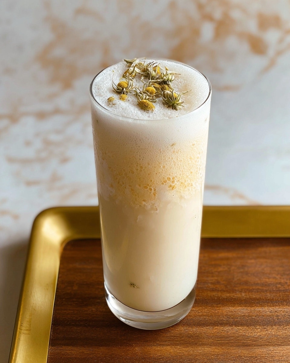 A tall clear glass filled with a three-layered creamy drink, starting with a smooth light beige bottom layer, a frothy middle layer with a bubbly texture, and topped with a small cluster of dried chamomile flowers for garnish, all placed on a wooden tray with a golden edge, set against a white marbled texture. photo taken with an iphone --ar 4:5 --v 7