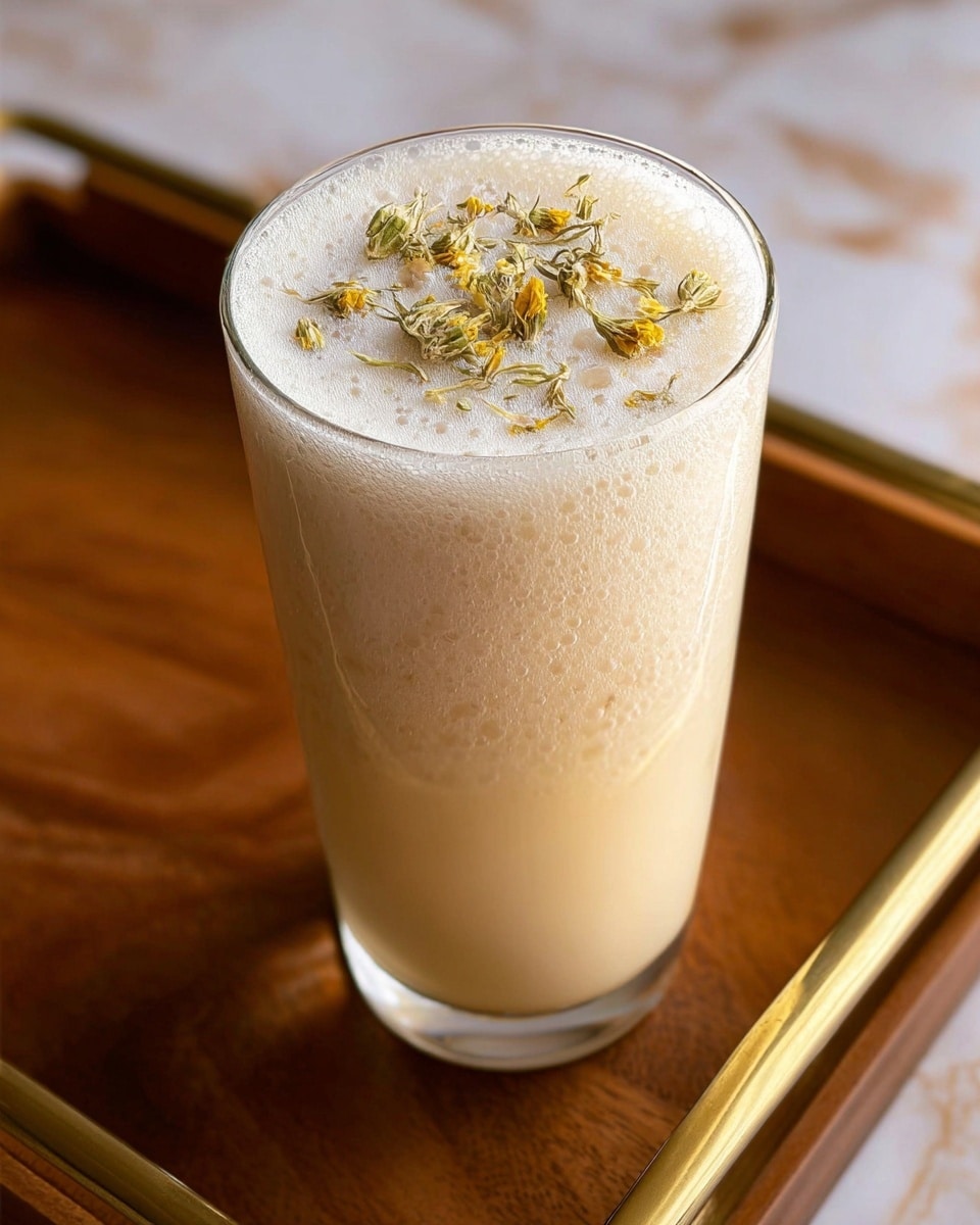 A tall clear glass filled with a creamy light beige frothy drink, topped with small dried yellow and white flowers scattered gently on the foam. The glass has a smooth texture with tiny bubbles seen through it. The glass sits on a wooden tray with a golden rim, and the background shows a white marbled texture. photo taken with an iphone --ar 4:5 --v 7