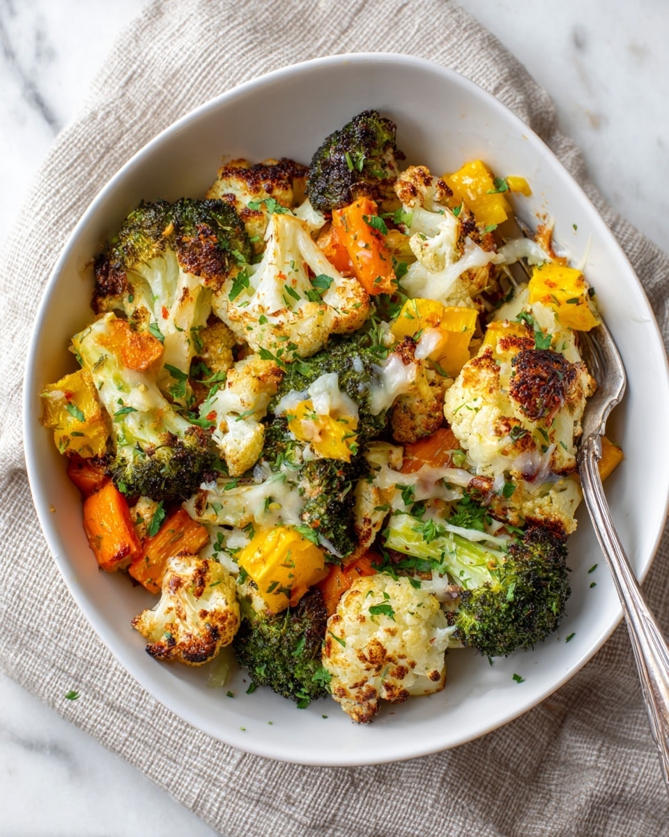 A white bowl filled with a layered baked dish showing a crunchy golden-brown breadcrumb topping spread unevenly on top. Below the topping, there are cooked white cauliflower florets mixed with vibrant green broccoli and small diced orange carrots, all coated in a creamy white sauce with melted light yellow cheese peeking through. The vegetables and sauce form the middle and bottom layers, with some fresh green herb bits scattered over. A silver fork rests on the right side inside the bowl, all set on a white marbled surface with a soft white cloth nearby. photo taken with an iphone --ar 4:5 --v 7