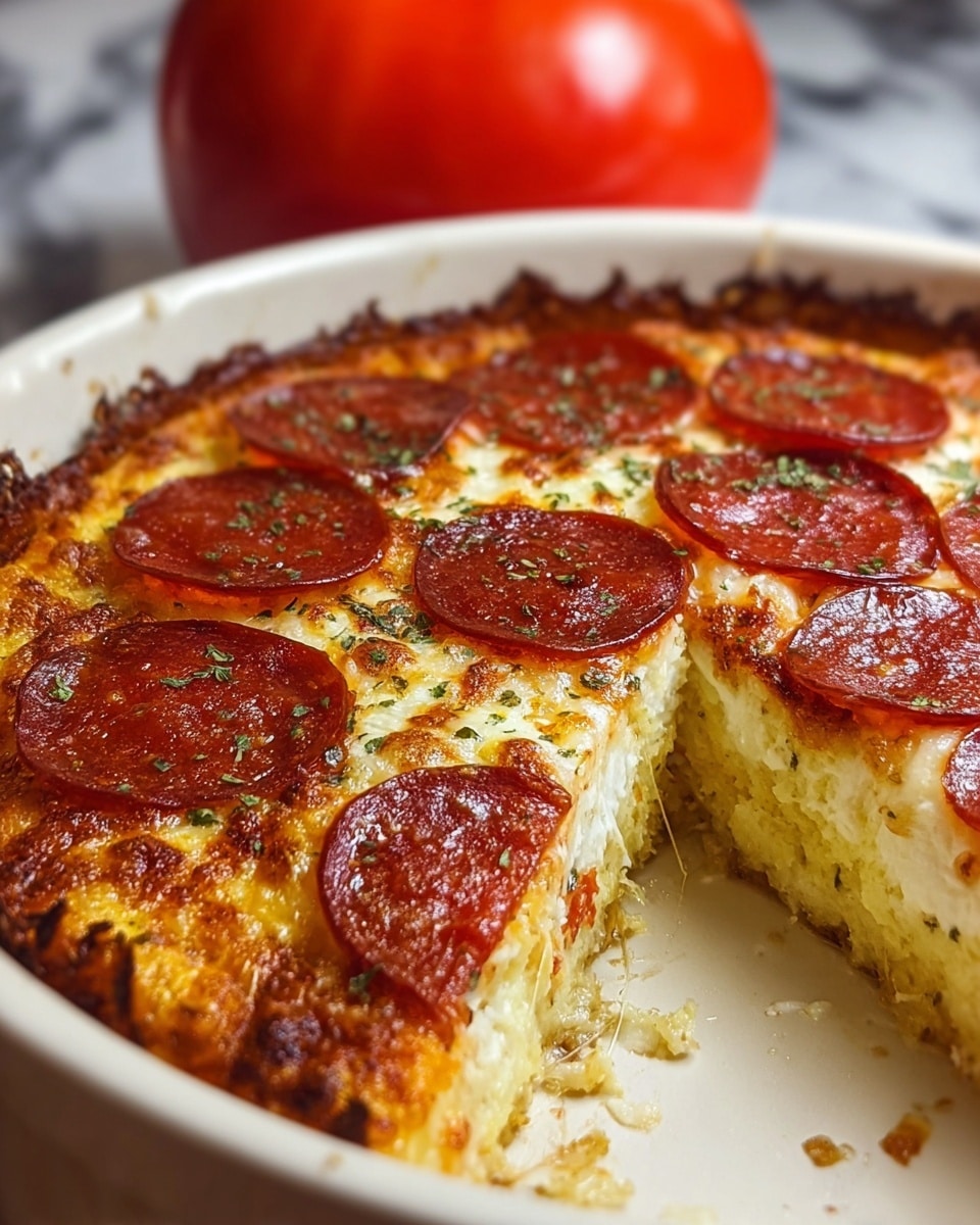 A single slice of thick pizza sits on a white plate resting on a white marbled surface, showing three main layers: a golden, crispy bottom crust, a thick middle layer of white, fluffy cheese, and a top layer covered with melted mozzarella cheese browned in spots with five glossy, red pepperoni slices evenly spaced. Small green herbs are lightly sprinkled over the cheese and pepperoni, adding texture. In the background, a red tomato is placed beside a glass baking dish containing the rest of the pizza with a missing piece, all set against the white marbled texture. photo taken with an iphone --ar 4:5 --v 7