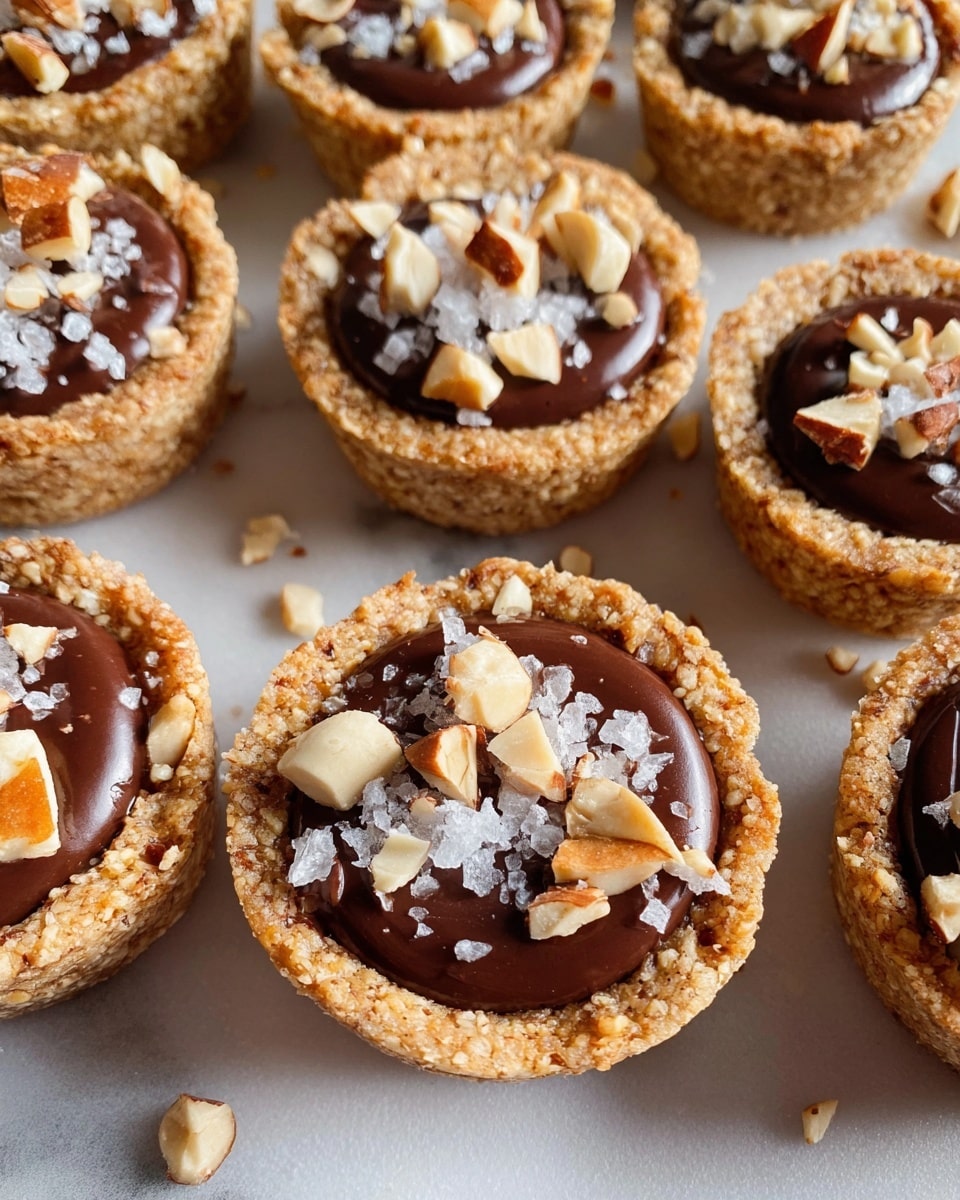 This image shows several small tartlets arranged closely on a white marbled surface. Each tartlet has two clear layers: the outer crust is a light brown, crumbly texture made from nuts, giving a rustic look with visible small nut pieces; the inner filling is a smooth, dark chocolate layer, glossy and rich in color, filling the tartlets almost to the rim. On top of the chocolate, there are scattered chunks of chopped nuts and flakes of sea salt, adding texture and contrast with their pale beige and shiny white colors. The lighting highlights the smooth chocolate and the rough crust, making the tartlets look fresh and appetizing. photo taken with an iphone --ar 4:5 --v 7