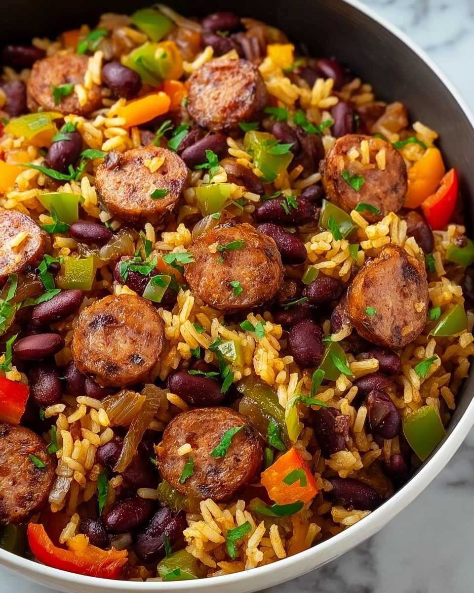 The image shows a close-up of a cooked dish in a white bowl, filled with several layers of ingredients. The base layer consists of yellowish cooked rice, mixed with dark purple kidney beans scattered evenly throughout. On top are slices of browned sausage that add texture and round shapes, placed evenly over the mix. There are chopped pieces of green and orange bell peppers, along with small chunks of sautéed onions mixed in. Sprinkled bits of fresh green herbs decorate the dish on top, giving a fresh touch. The bowl sits against a white marbled surface. photo taken with an iphone --ar 4:5 --v 7