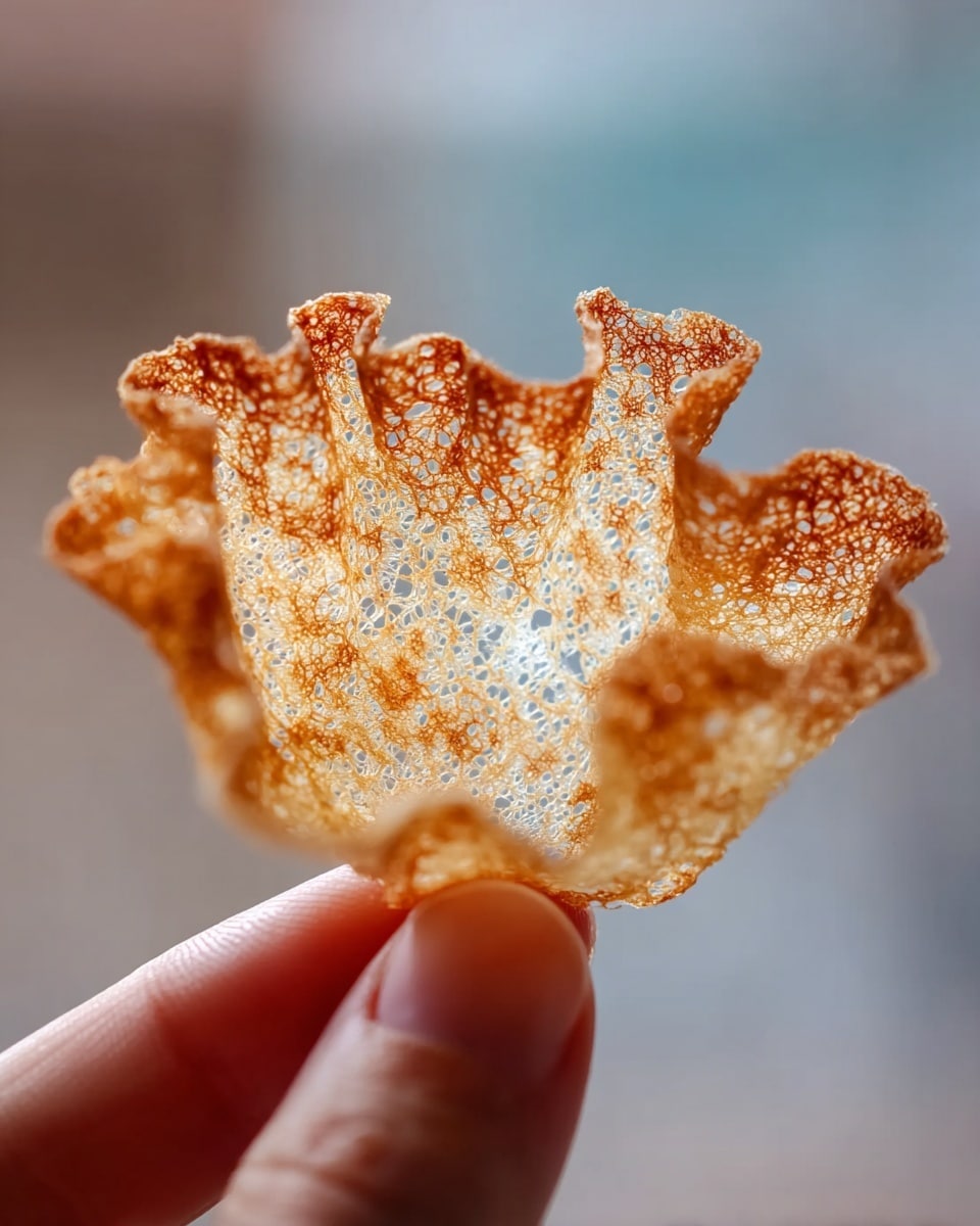 A close-up image of a single thin, crispy piece of food held between a woman's hand's thumb and index finger. The piece has an irregular wavy shape with a lacy, porous texture, looking light and delicate. Its color is a warm golden brown with some white spots where it is thinner, giving it a toasted, crunchy appearance. The background is softly blurred with neutral tones, putting full focus on the textured piece. photo taken with an iphone --ar 4:5 --v 7