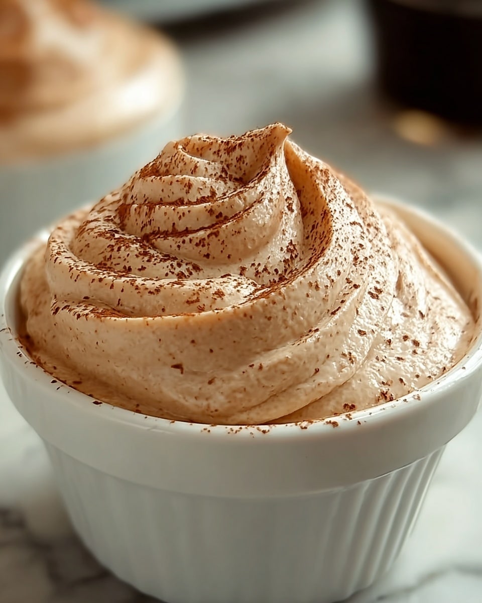 A close-up of a single creamy dessert served in a white small ceramic cup shaped like a ramekin. The dessert has one visible layer filled to the top with a smooth, thick light brown mousse or whipped cream texture. The surface is carefully swirled in soft waves, sprinkled lightly with fine dark brown powder, giving it a rich, velvety look. The blurred background shows hints of a similar dessert in soft focus. The image is set against a white marbled surface. Photo taken with an iphone --ar 4:5 --v 7