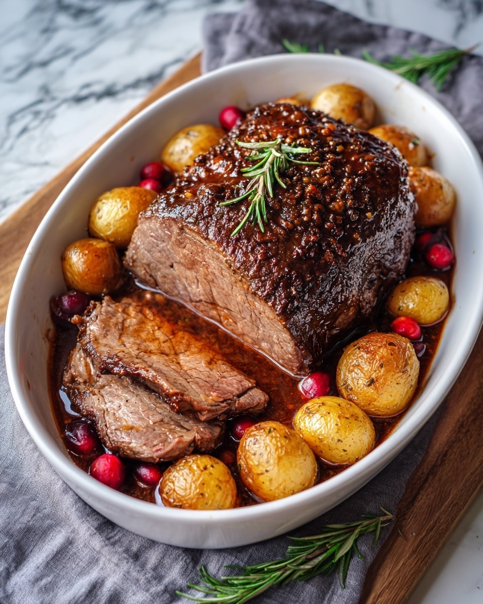A large piece of cooked meat with a dark brown, slightly crispy outer layer sits in a white oval baking dish filled with rich, thick brown sauce. The meat is sliced partially on one side, revealing a pinkish center with a juicy texture. Bright red cranberries and small green herbs, likely rosemary or thyme, are scattered over the meat and sauce, adding color and texture. The dish rests on a wooden board, with sprigs of fresh rosemary around it, and in the background, there are red potatoes and a jar with a dark red sauce or jam. photo taken with an iphone --ar 4:5 --v 7