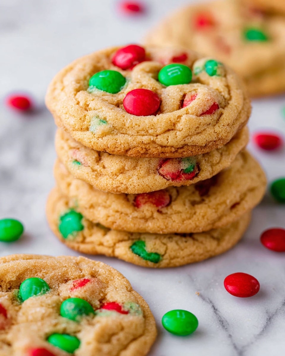 A stack of four soft, golden-brown cookies with a slightly cracked texture sits on a white marbled surface. Each cookie is embedded with bright red and green candy-coated chocolate pieces showing through the cookie dough in random places. A single cookie lies flat in front of the stack, displaying its colorful candy pieces and slightly uneven surface. Scattered around the cookies are loose red and green candy pieces that add contrast to the warm tones of the cookies. The overall look is festive and inviting. photo taken with an iphone --ar 4:5 --v 7