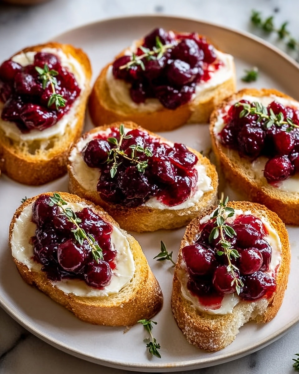 The image shows seven small toasted bread slices arranged on a white plate, each topped with a smooth, creamy white layer and a glossy, deep red berry compote with whole berries visible. On top of the compote, there is a small green herb sprig placed on each piece. Some extra green herb leaves are scattered on the plate. The toasted bread has a light golden-brown crust with a soft, porous texture on the edges. The white plate is placed on a white marbled texture surface. photo taken with an iphone --ar 4:5 --v 7
