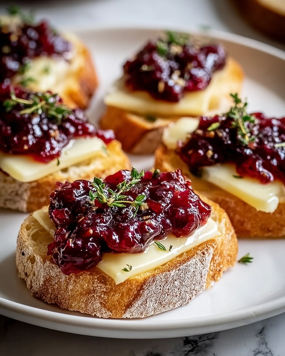 A white plate holds five pieces of toasted bread, each slice topped with a smooth, creamy layer of melted brie cheese that is pale yellow and slightly glossy. On top of the cheese, there is a thick, chunky layer of dark red cranberry sauce with visible whole cranberries and seeds, which looks juicy and slightly sticky. Small green sprigs of fresh herbs, possibly thyme, are placed on the sauce on each piece. The bread is rustic with a golden brown crust and a light dusting of flour on the edges, and the plate sits on a white marbled surface. photo taken with an iphone --ar 4:5 --v 7