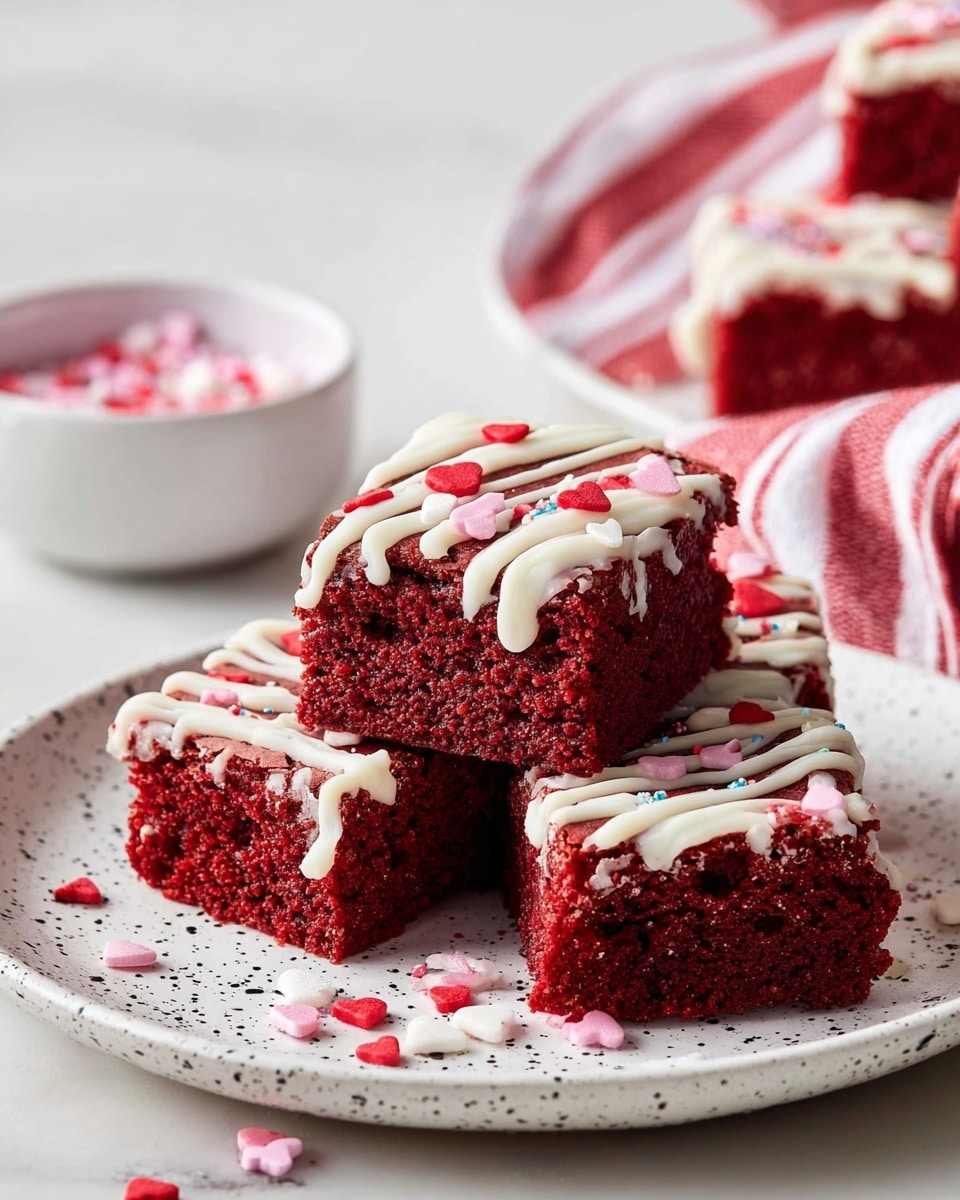 The image shows four square red velvet brownie pieces on a white plate with small black speckles. Two of the brownies are stacked in the center, each with a thick, moist red base layer with a soft, slightly crumbly texture. All brownies are decorated with a white icing drizzle on top, applied in thin lines that drip slightly down the sides. Tiny red, pink, and white heart-shaped sprinkles are scattered on the icing and plate around the brownies. In the background, a white bowl contains more heart-shaped sprinkles, and the whole scene is on a white marbled surface next to a red and white striped cloth. Photo taken with an iphone --ar 4:5 --v 7