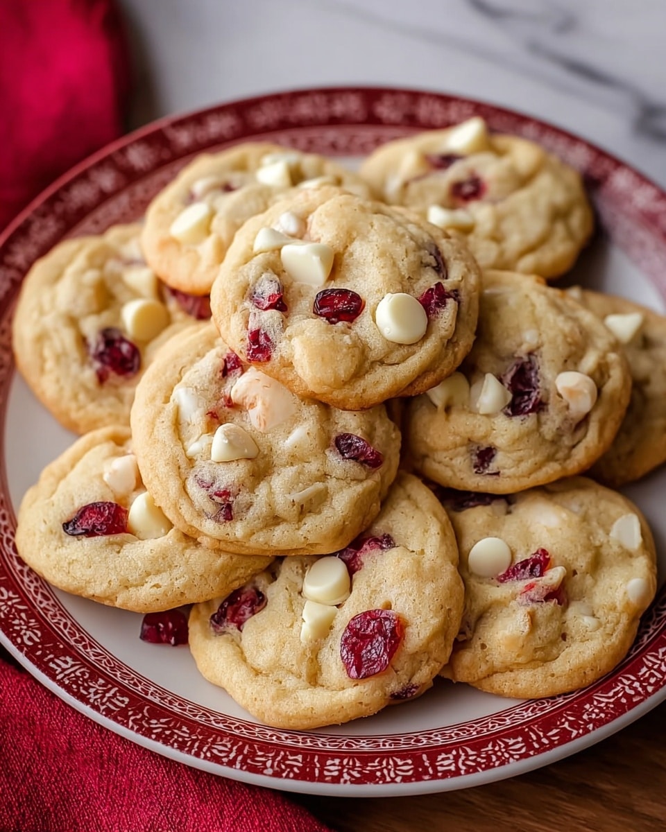 A pile of about ten round cookies with a light golden brown color is shown on a white plate with a deep red pattern. Each cookie has two main visible layers: the soft, slightly cracked golden cookie base and the toppings embedded on top, which include small bright red cranberries and chunky white chocolate pieces. The cookies are stacked unevenly, showing their round fluffy edges and textured surfaces, with some cookies leaning on each other. The plate sits on a white marbled surface with part of a red cloth visible at the bottom left. Photo taken with an iphone --ar 4:5 --v 7