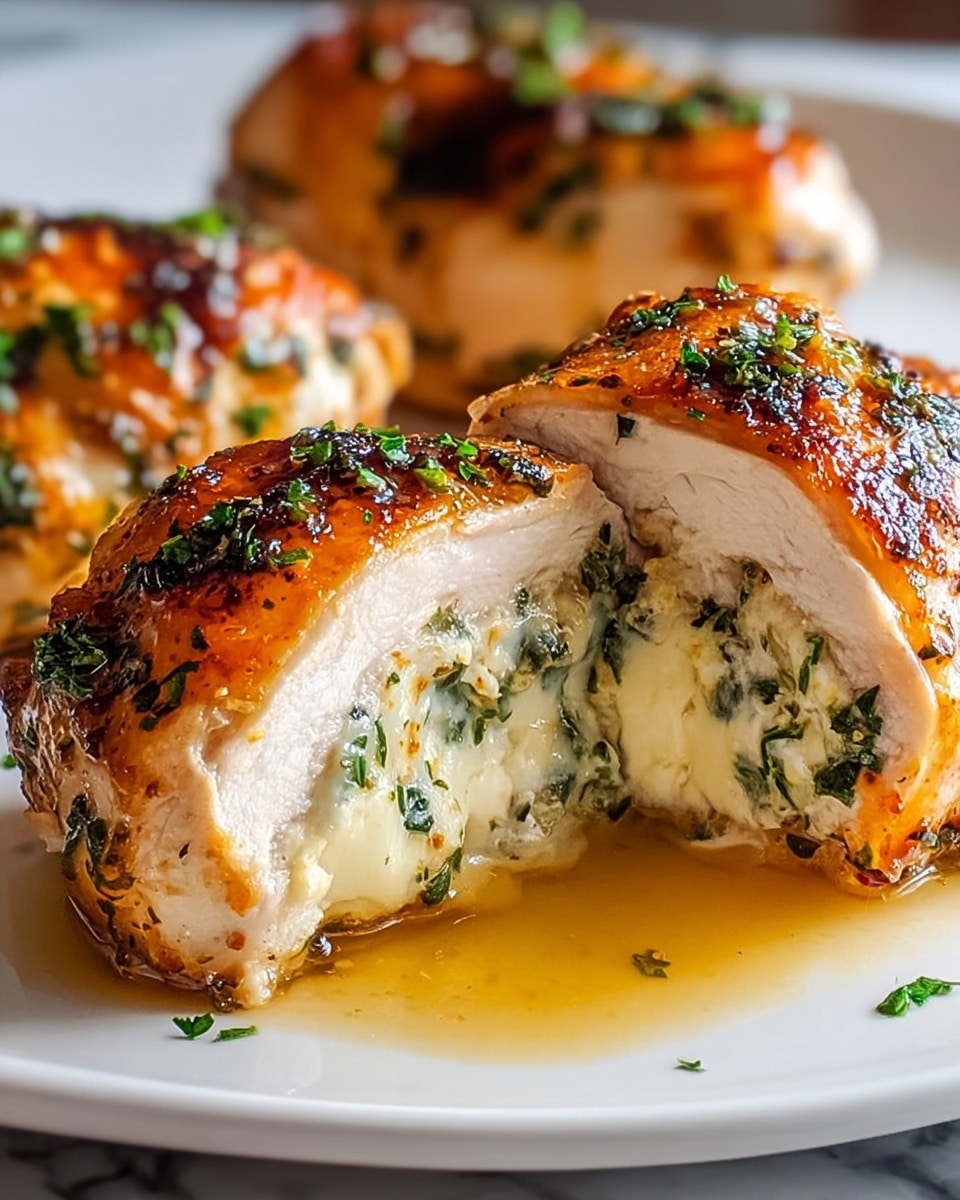 A close-up view of three stuffed chicken breasts on a white plate, each with a golden-brown crispy skin showing tiny charred spots and sprinkled with finely chopped green herbs. The front chicken breast is cut open to reveal a creamy white cheese filling mixed with small bits of green herbs inside the thick, juicy white meat layer. The plate has a light pool of golden brown sauce around the chicken, while the background shows the other two stuffed chicken breasts softly blurred. The scene is set on a white marbled surface. photo taken with an iphone --ar 4:5 --v 7