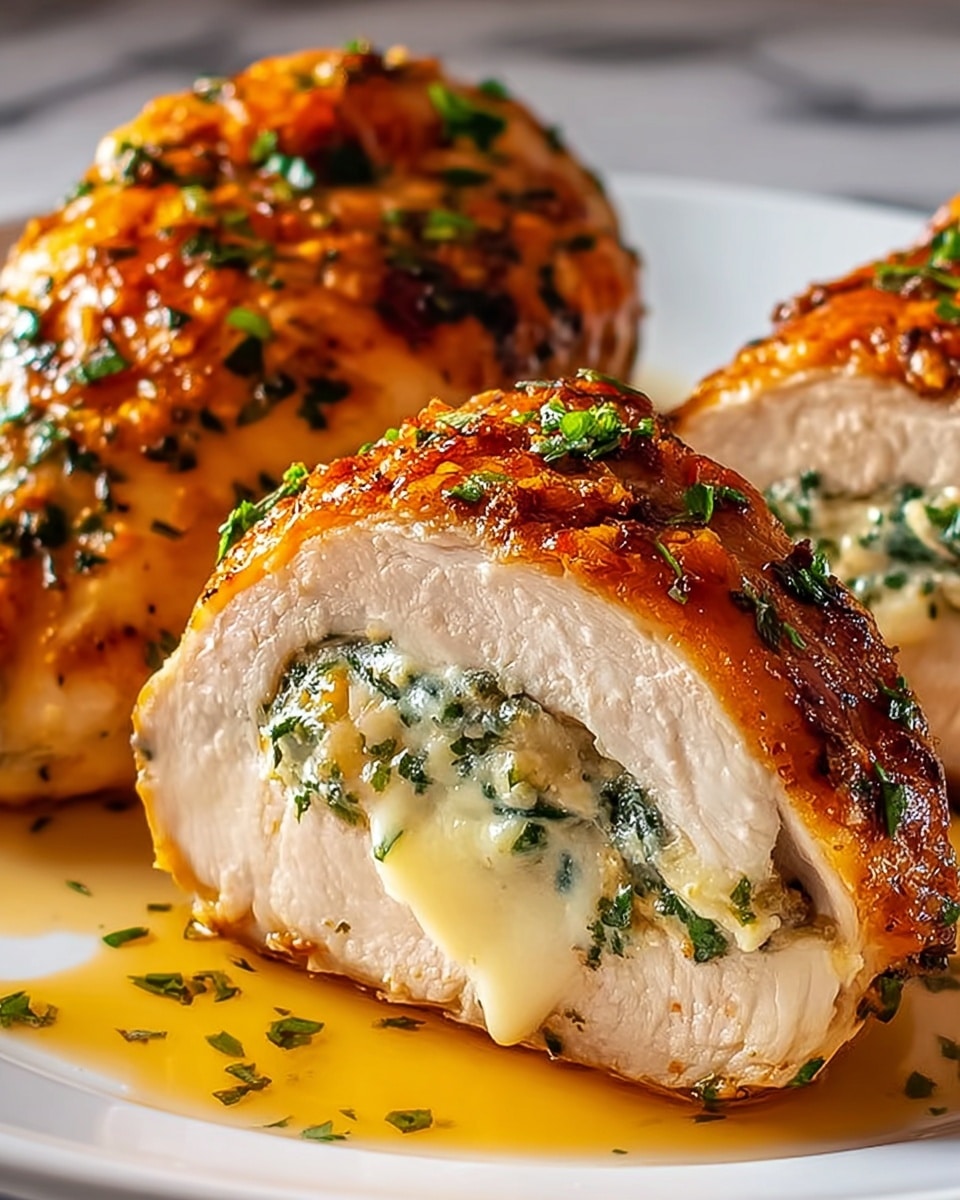 The image shows a close-up of three stuffed chicken breasts on a white plate, placed on a white marbled surface. Each chicken breast has a golden-brown, crispy skin with small green herb bits on top, giving a fresh touch. The front chicken breast is sliced open to reveal three layers: the outer golden-brown crispy skin, a thick, juicy white chicken meat layer, and a creamy, melted cheese and herb filling with white and green colors inside. There is a light golden sauce around the chicken on the plate, adding shine and moisture. The photo taken with an iphone --ar 4:5 --v 7