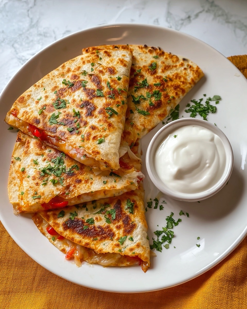Three folded quesadillas are arranged on a white plate, each with a golden-brown crispy outer layer showing some darker toasted spots and sprinkled with fresh green chopped herbs. The quesadillas reveal a melted cheese and diced red pepper filling, slightly oozing out from the edges. A small round bowl of smooth, white sour cream sits next to the quesadillas on the plate. The plate rests on a white marbled surface with a mustard yellow cloth in the background. Photo taken with an iphone --ar 4:5 --v 7