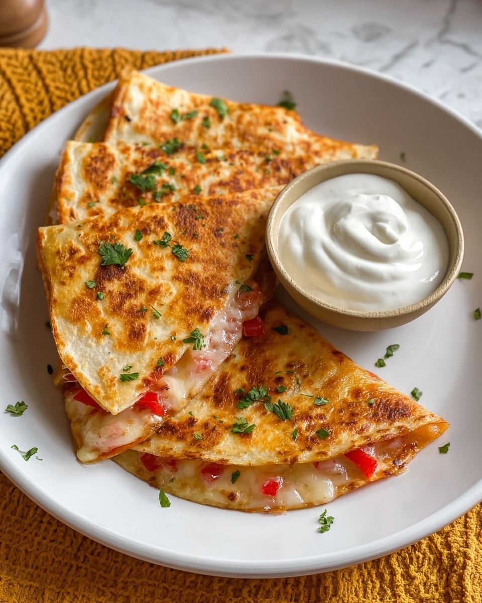 Three folded quesadillas with a golden brown, slightly crispy outer layer, each sprinkled with small pieces of green cilantro on top. The quesadillas are filled with melted cheese and diced red bell peppers, some of which slightly peek out from the edges. They are arranged on a clean white plate with a small round beige bowl filled with smooth white sour cream placed near the center. The background shows a white marbled surface and a mustard yellow textured cloth partially visible. Photo taken with an iphone --ar 4:5 --v 7